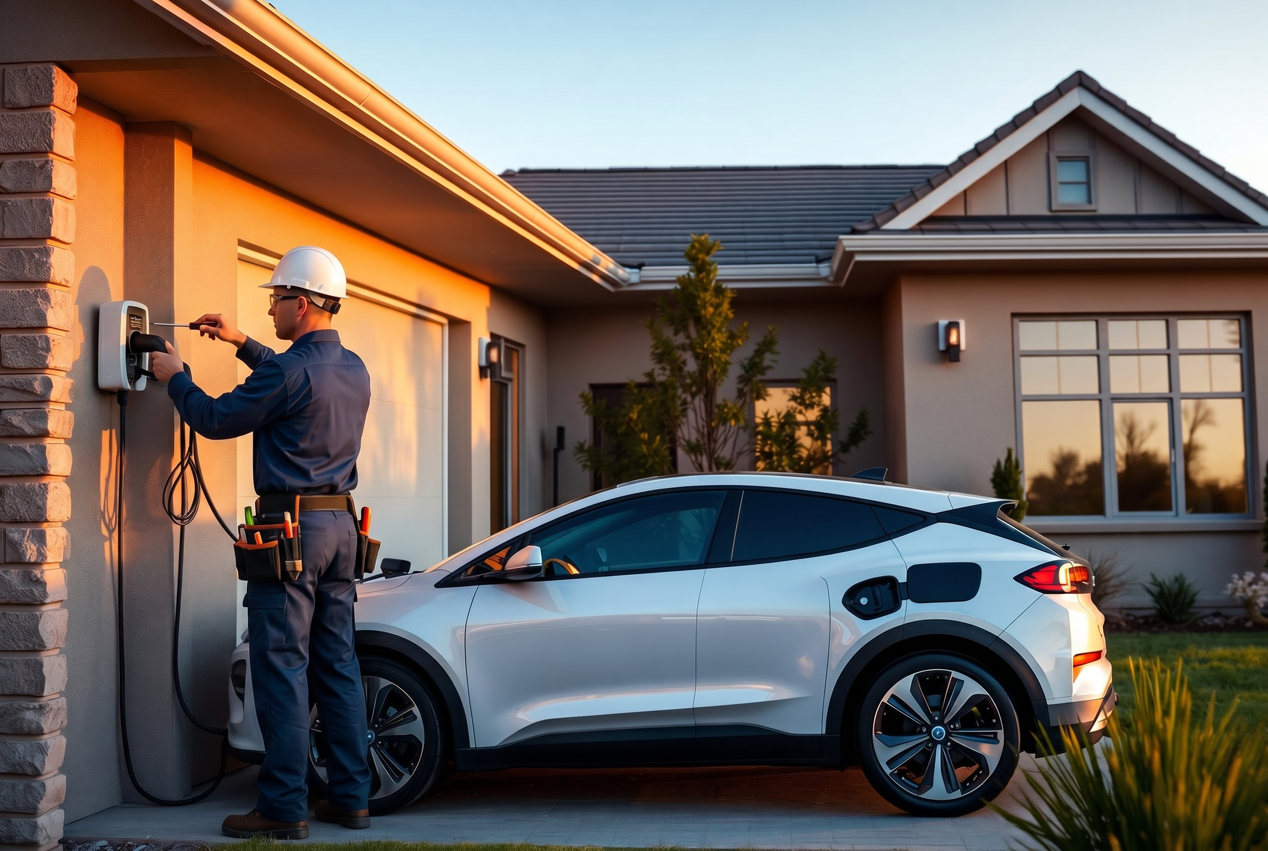 Electrician installing a Level 2 EV charger on a modern home with an EV in the driveway